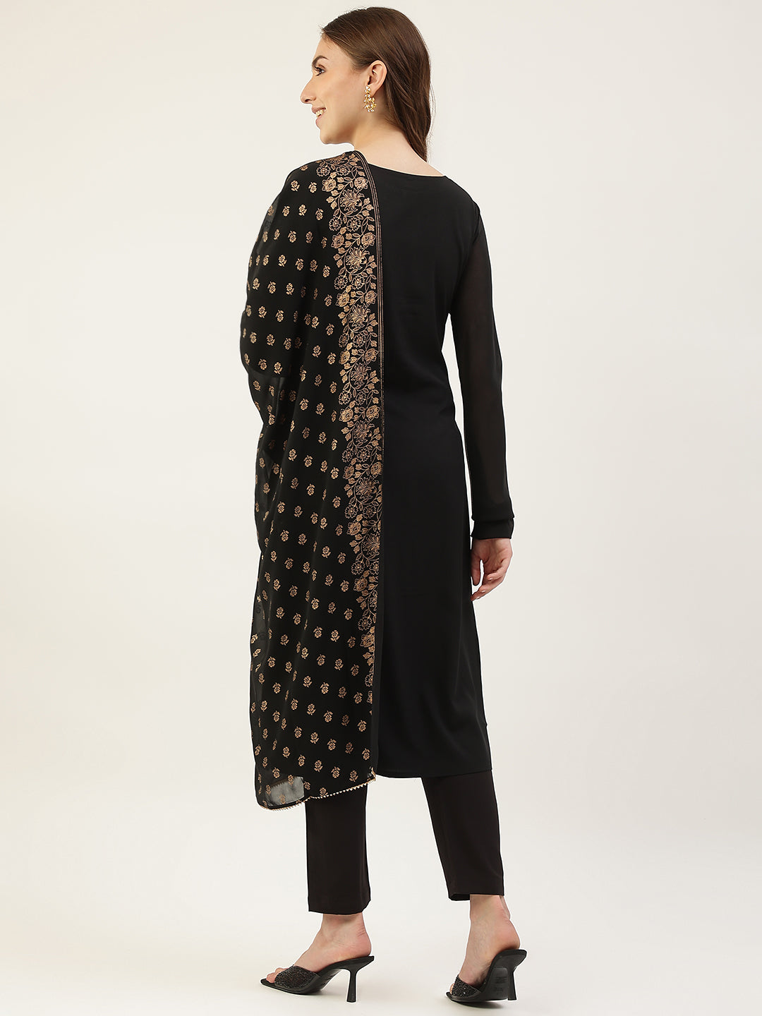 Women's Black Poly Crepe Straight Kurta with Pant and Dupatta