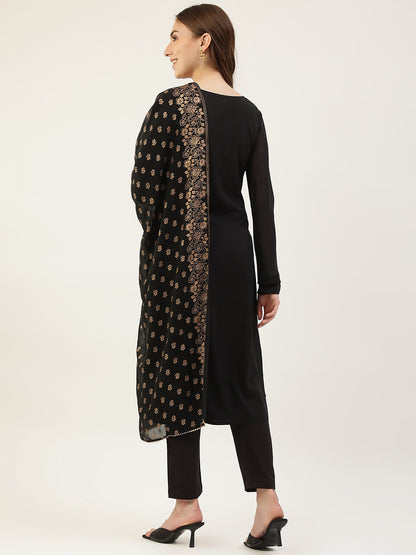 Women's Black Poly Crepe Straight Kurta with Pant and Dupatta