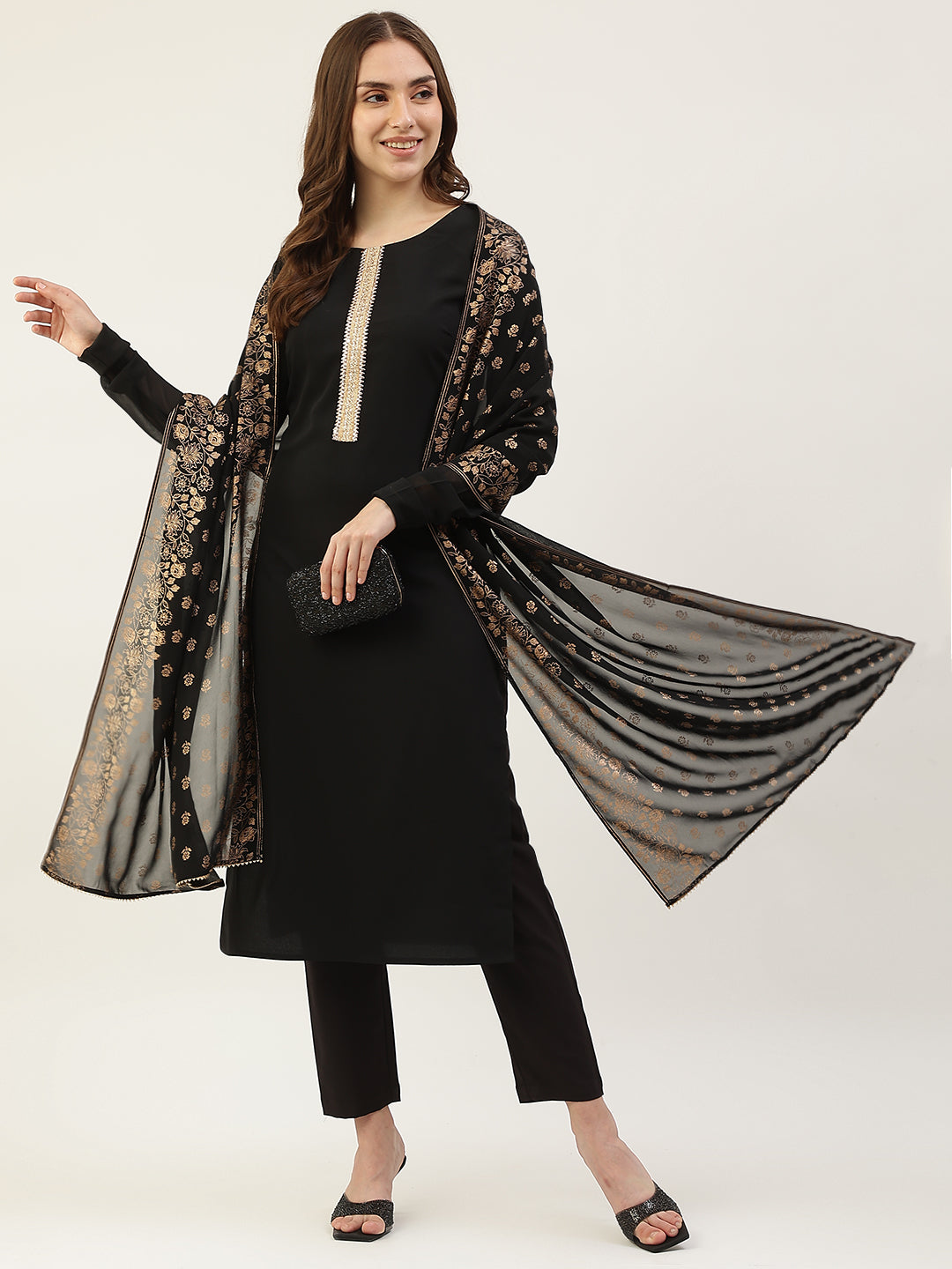 Women's Black Poly Crepe Straight Kurta with Pant and Dupatta