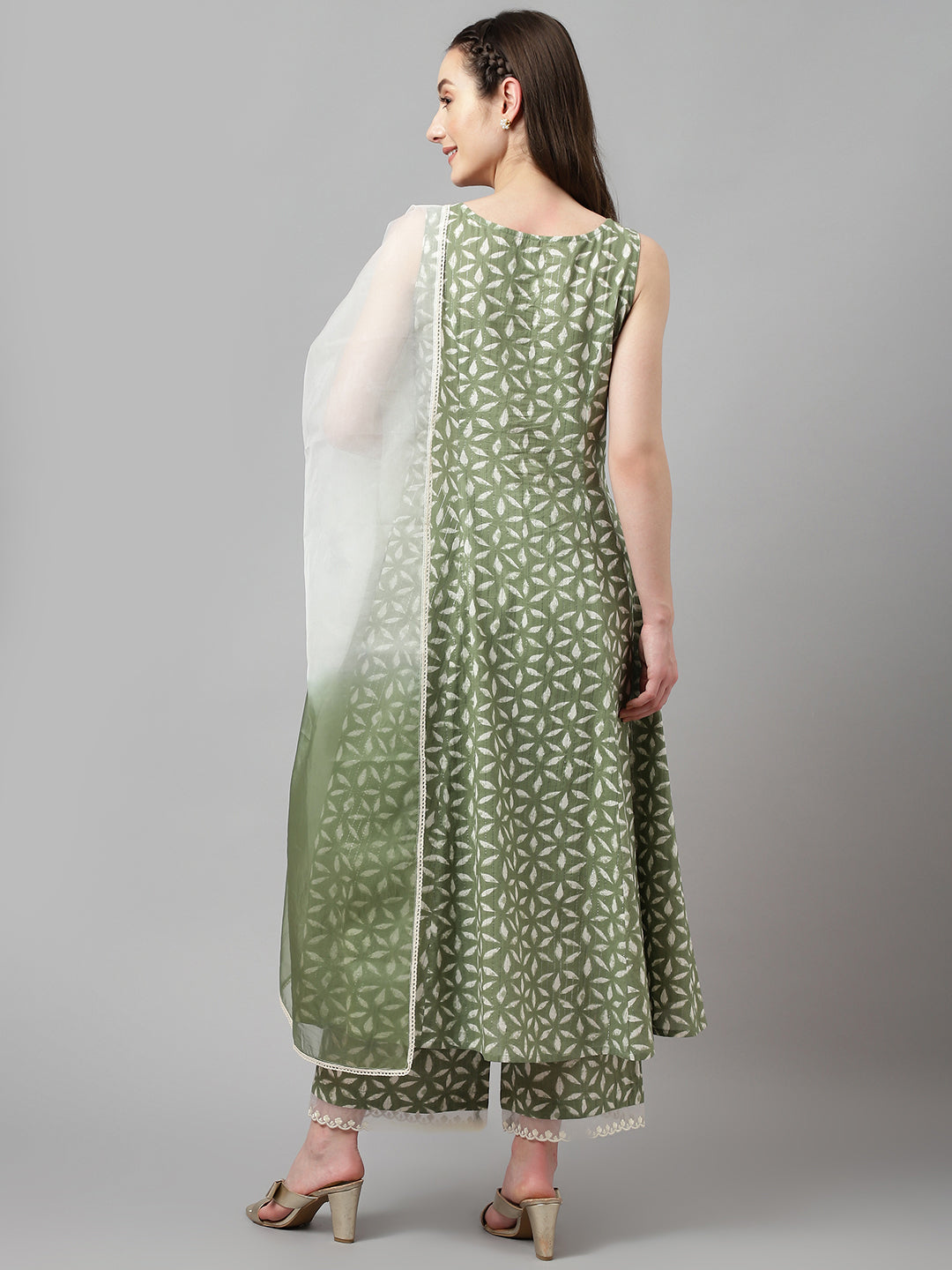 Women's Fern Green Pure Cotton Flared Kurta, Palazzo & Dupatta