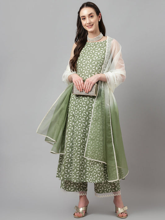 Women's Fern Green Pure Cotton Flared Kurta, Palazzo & Dupatta