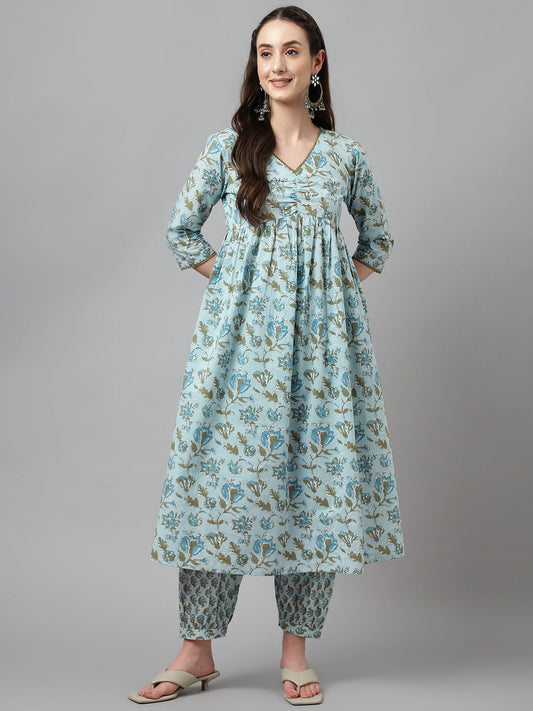 Women's Light Blue Pure Cotton Flared Kurta with Pant