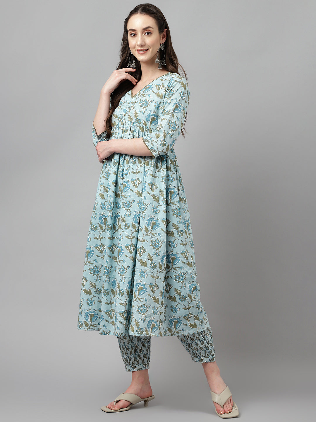 Women's Light Blue Pure Cotton Flared Kurta with Pant