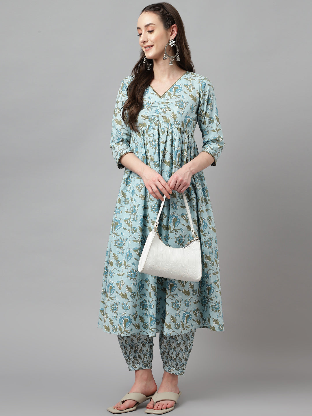 Women's Light Blue Pure Cotton Flared Kurta with Pant