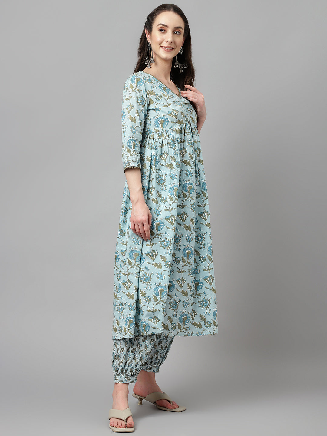 Women's Light Blue Pure Cotton Flared Kurta with Pant