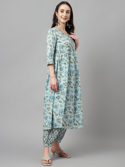 Women's Light Blue Pure Cotton Flared Kurta with Pant