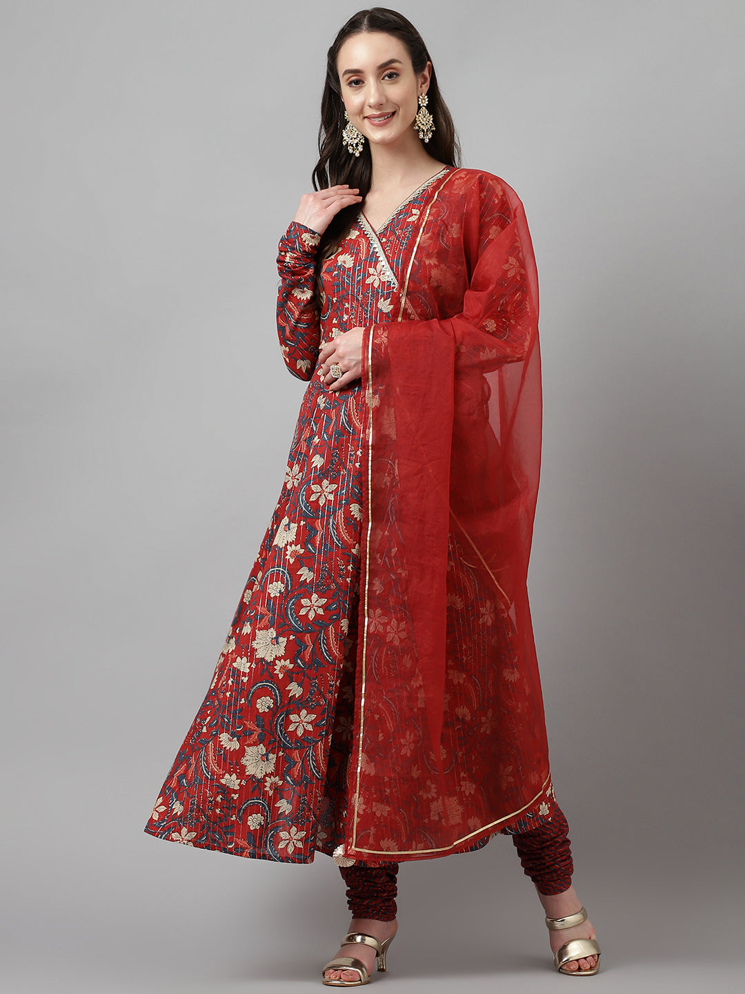 Women's Red Rust Pure Cotton Flared Kurta with Pant and Dupatta