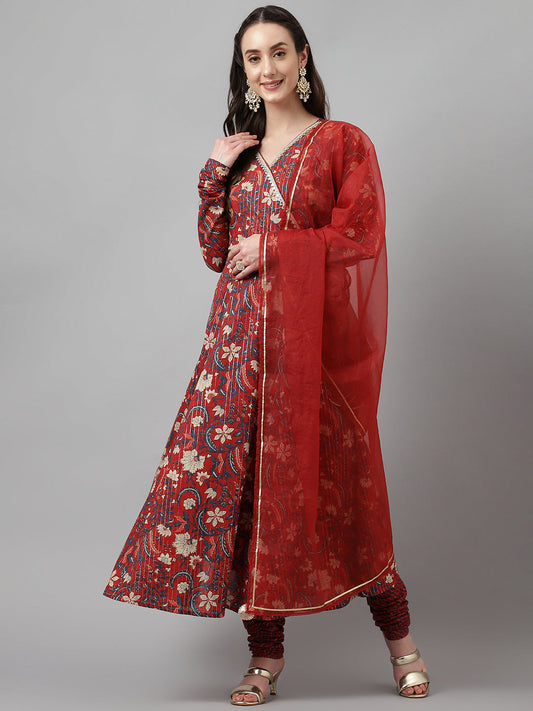 Women's Red Rust Pure Cotton Flared Kurta with Pant and Dupatta