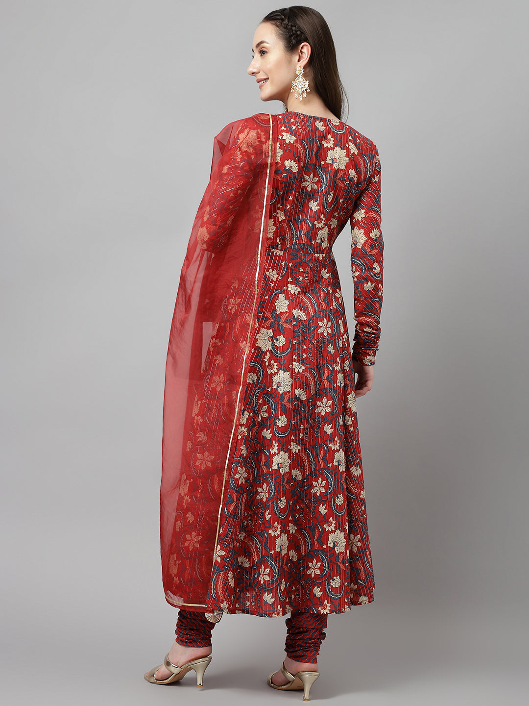 Women's Red Rust Pure Cotton Flared Kurta with Pant and Dupatta