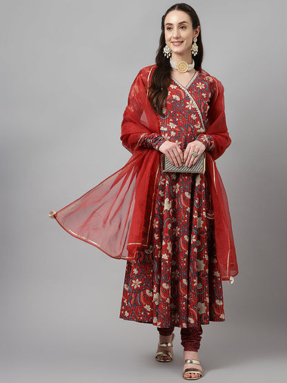 Women's Red Rust Pure Cotton Flared Kurta with Pant and Dupatta