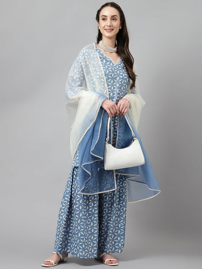 Women's Teapot Blue Pure Cotton A-Line Kurta & Sharara & Dupatta