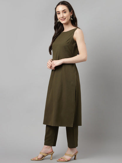 Women's Olive Green Rayon Straight Kurta with Pant