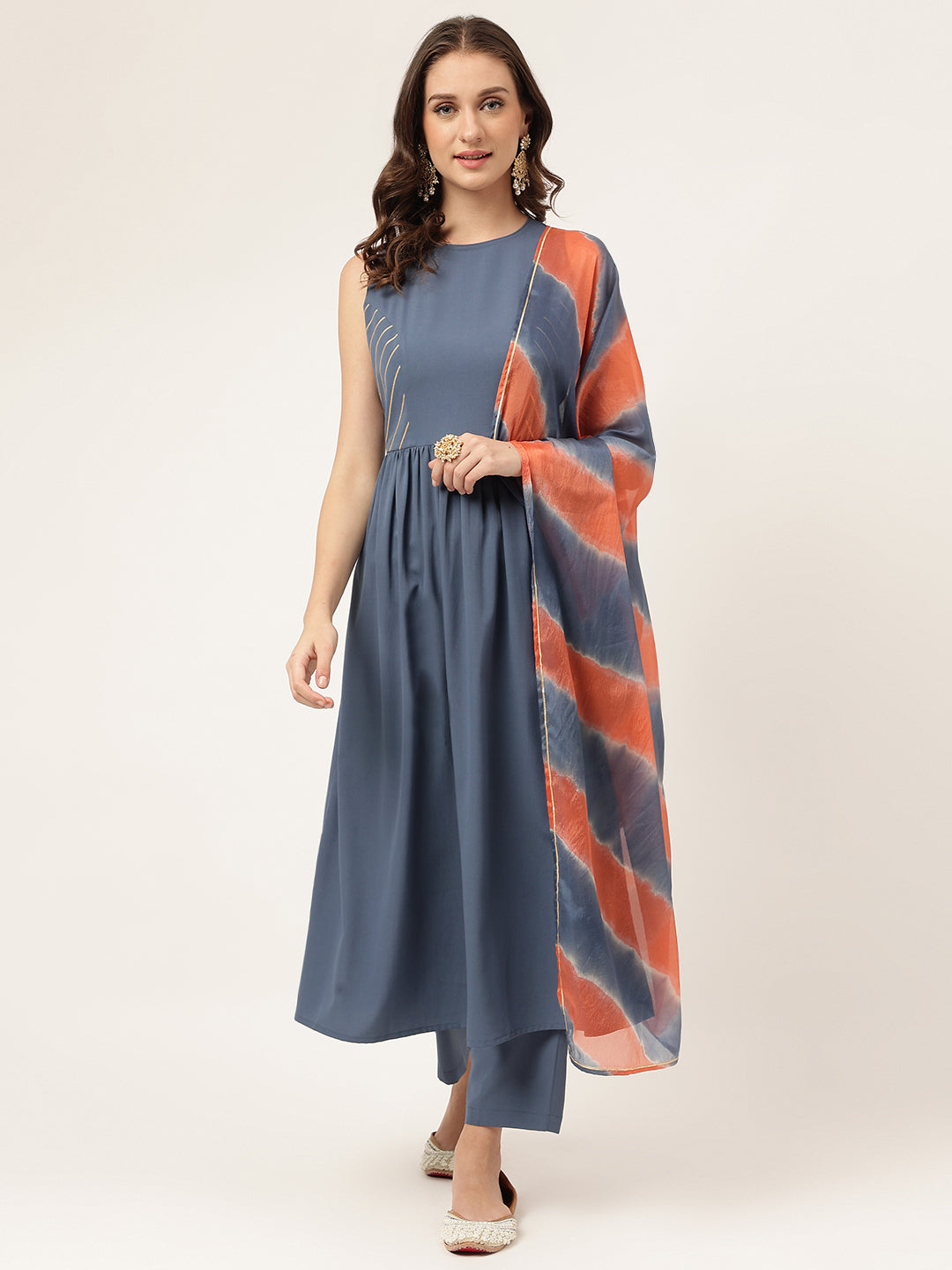 Women's Blue Yonder Poly Crepe A-line Kurta with Pant and Dupatta