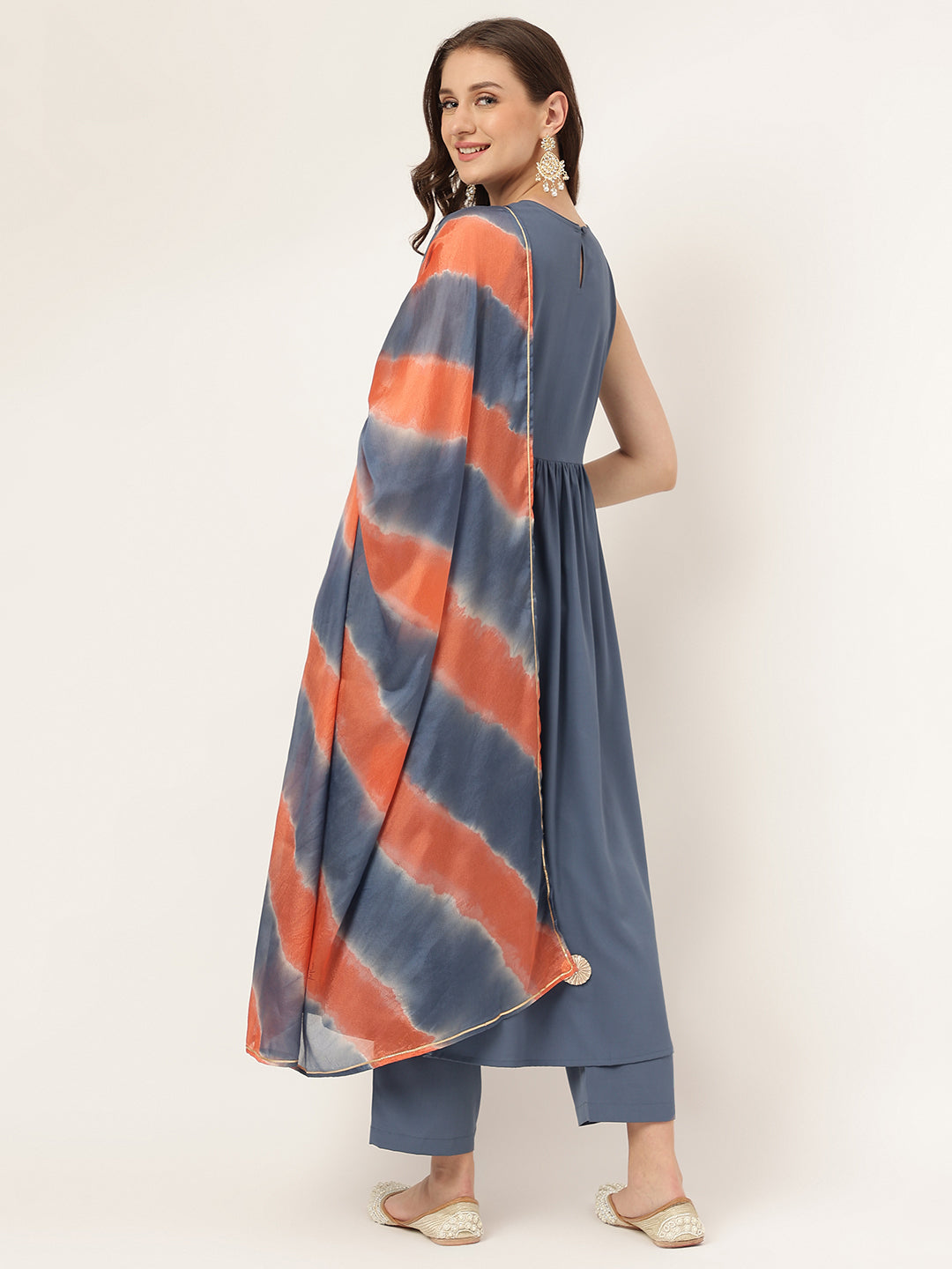 Women's Blue Yonder Poly Crepe A-line Kurta with Pant and Dupatta