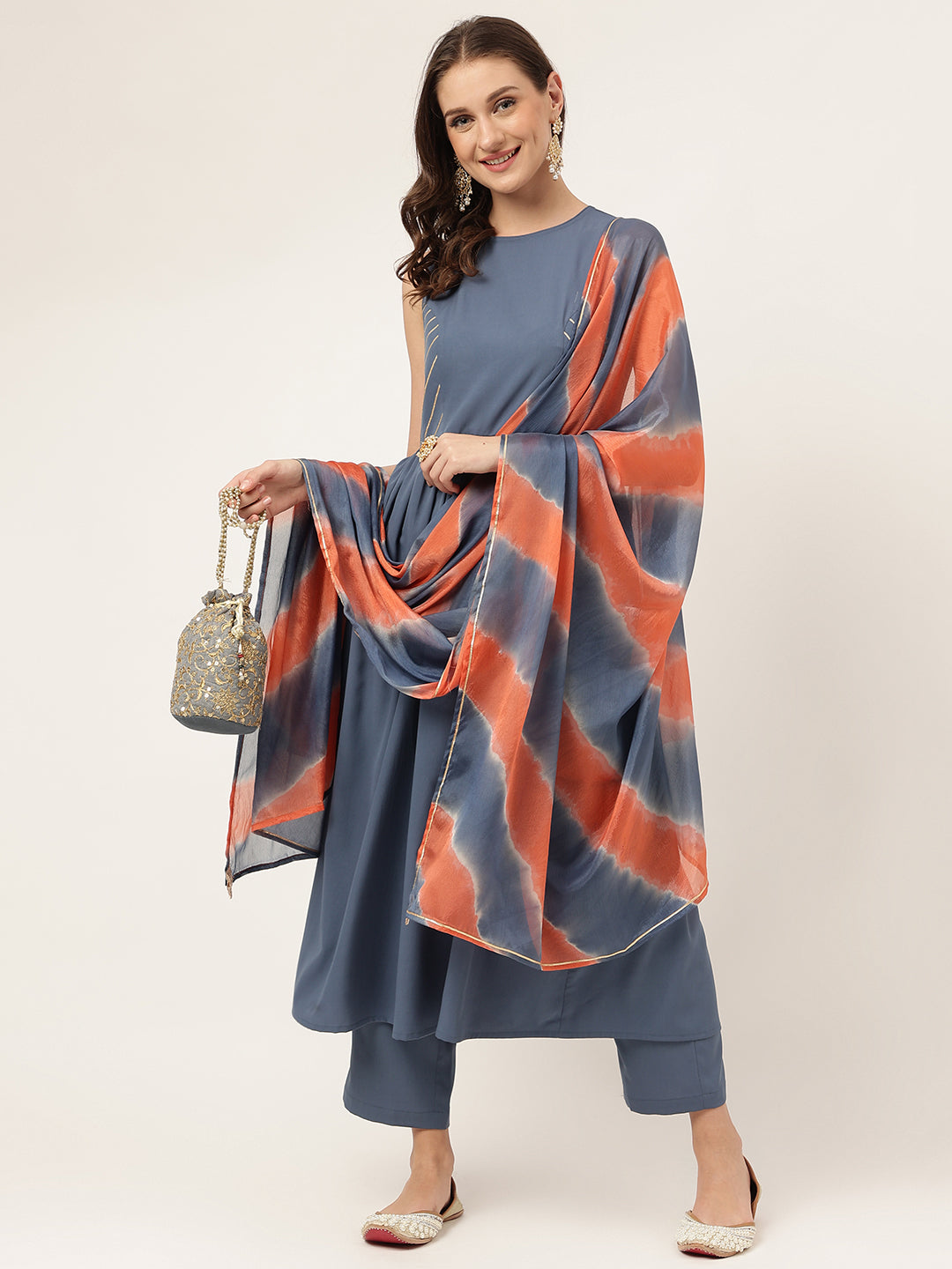 Women's Blue Yonder Poly Crepe A-line Kurta with Pant and Dupatta