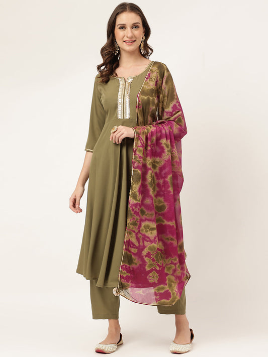 Women's Olive Green Poly Crepe A-line Kurta with Pant and Dupatta