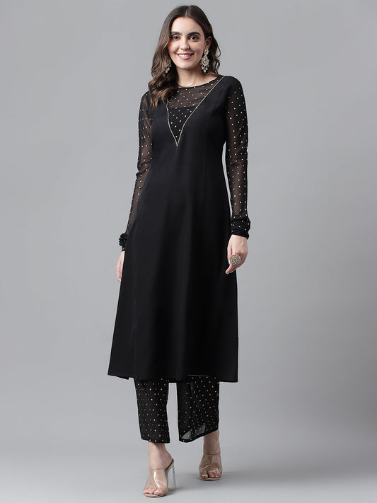 Women's Black Poly Crepe A-line Kurta with Palazzo