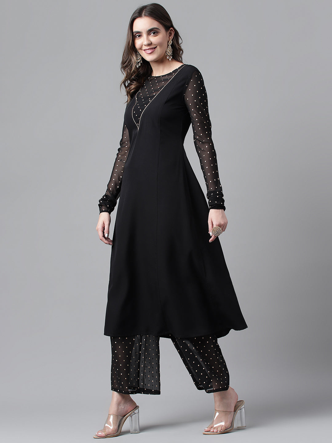 Women's Black Poly Crepe A-line Kurta with Palazzo