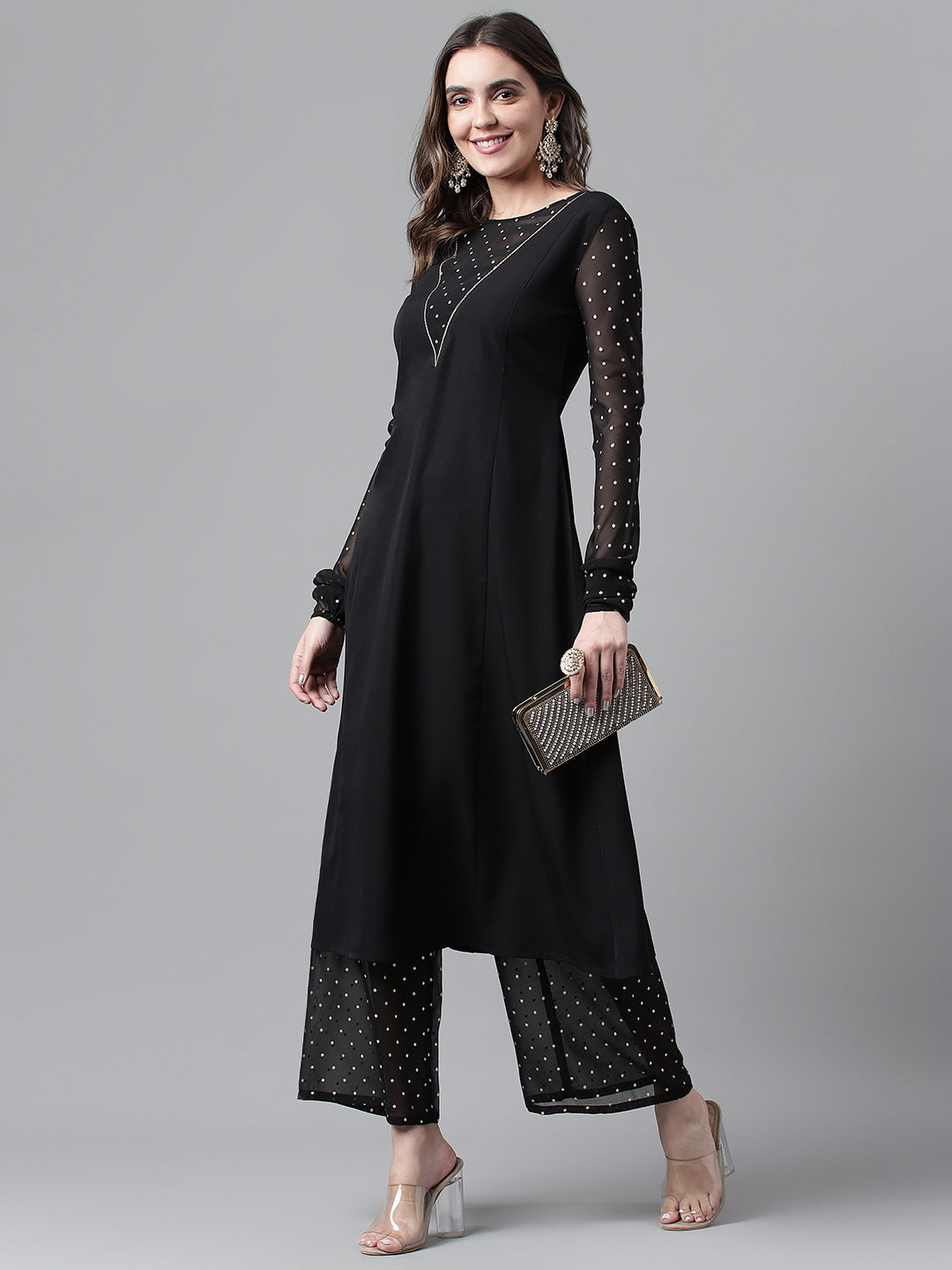 Women's Black Poly Crepe A-line Kurta with Palazzo