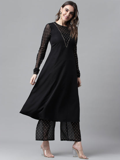 Women's Black Poly Crepe A-line Kurta with Palazzo