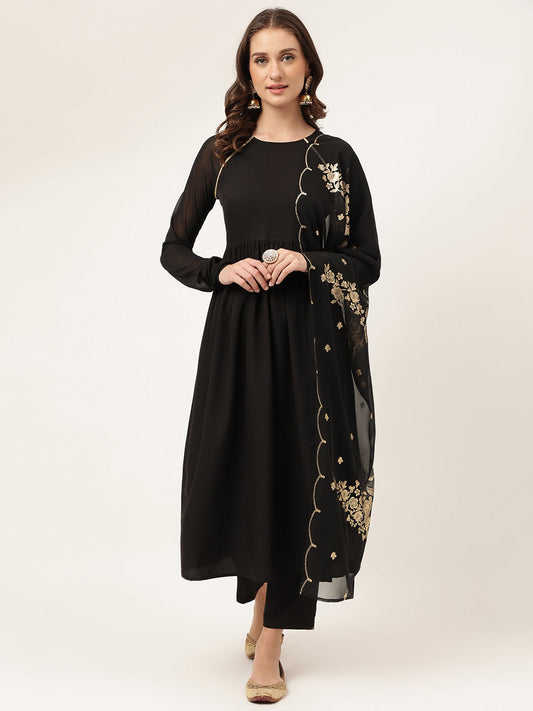 Women's Black Poly Crepe A-line Kurta with Pant And Dupatta