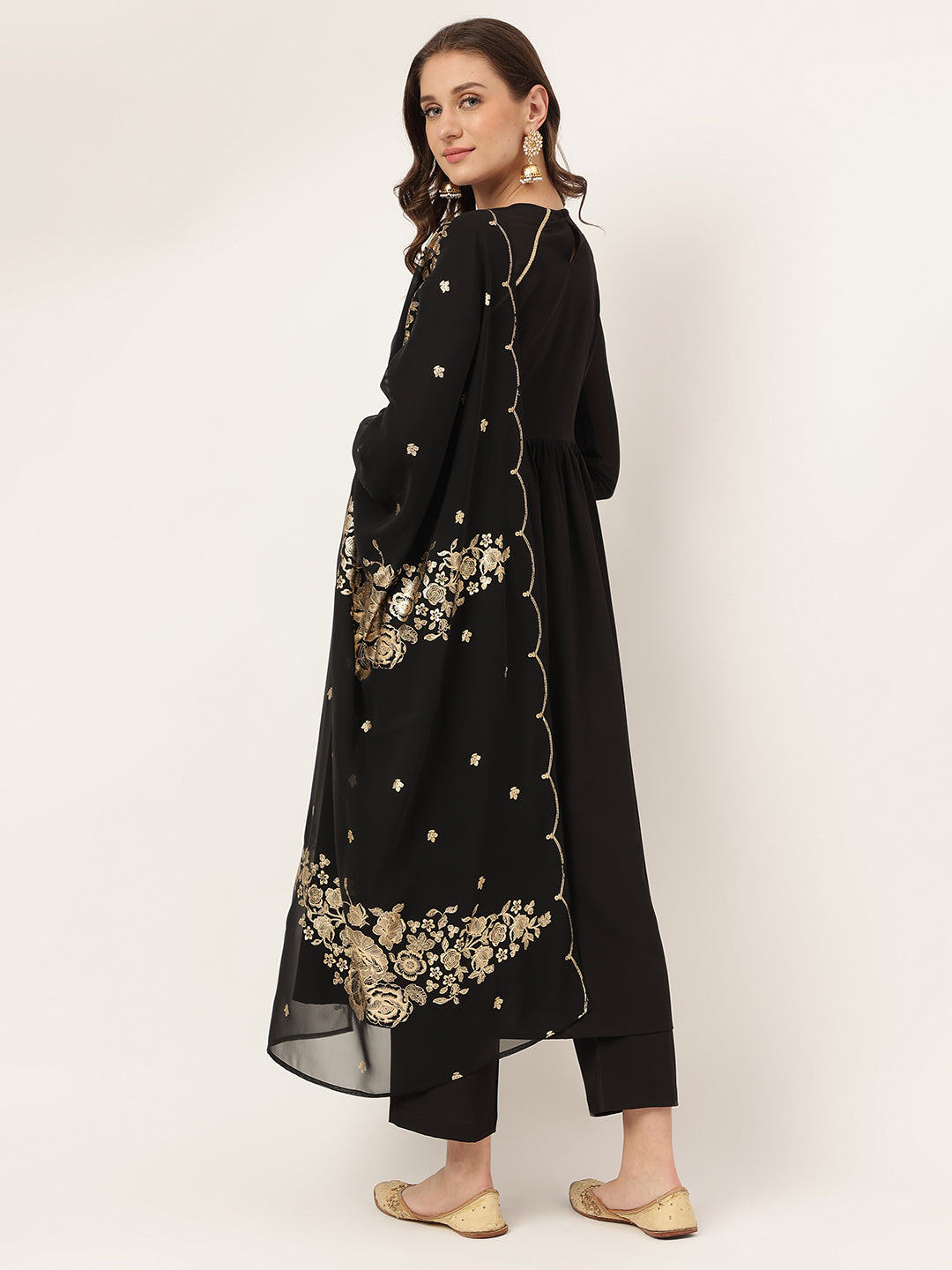 Women's Black Poly Crepe A-line Kurta with Pant And Dupatta