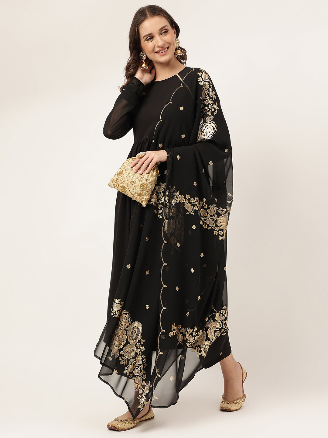 Women's Black Poly Crepe A-line Kurta with Pant And Dupatta