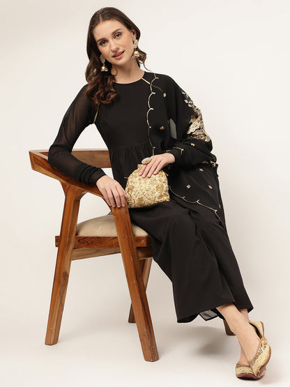 Women's Black Poly Crepe A-line Kurta with Pant And Dupatta