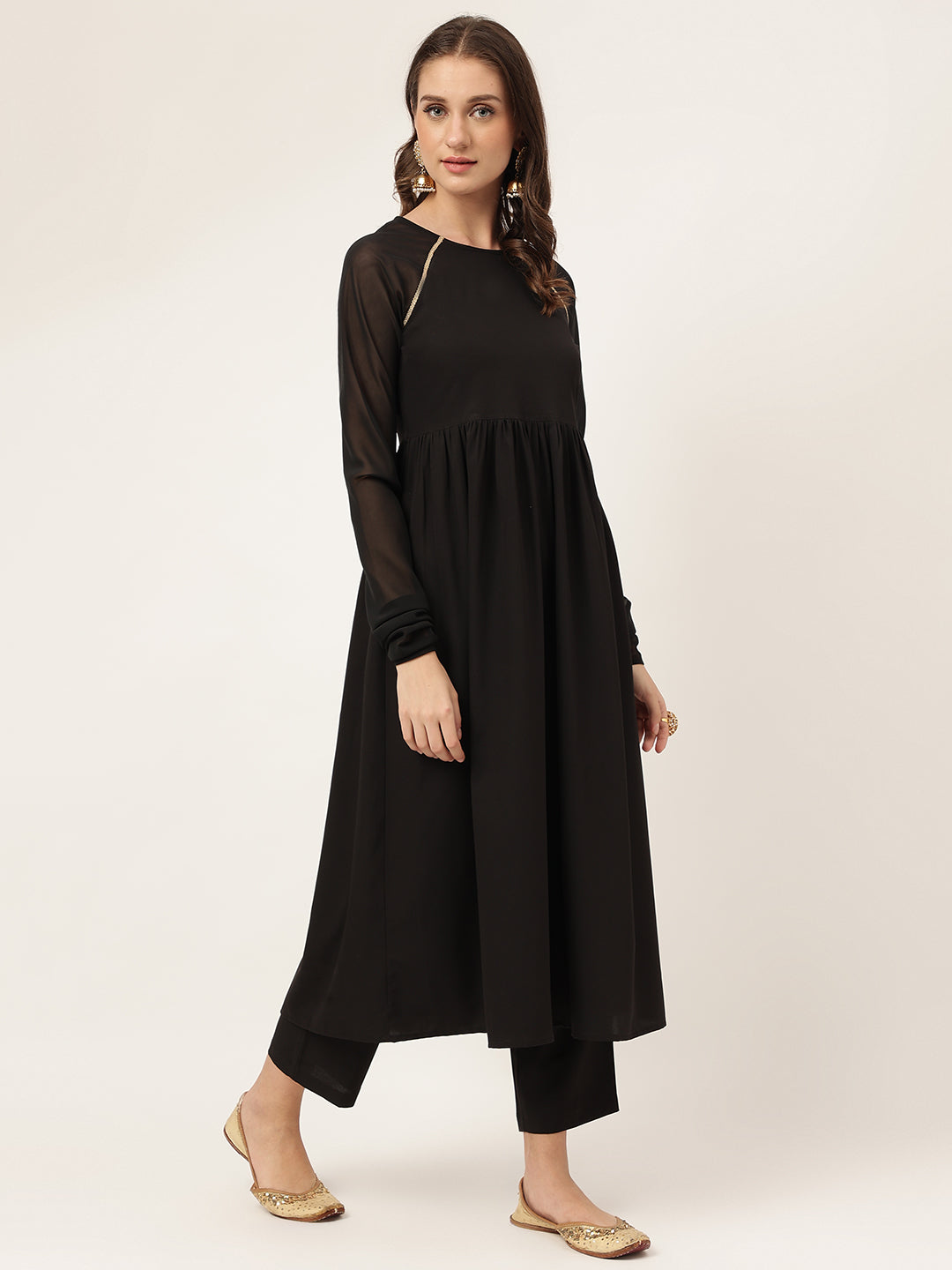 Women's Black Poly Crepe A-line Kurta with Pant And Dupatta