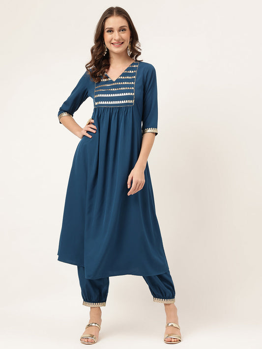 Women's Teal Blue Poly Crepe A-line Kurta with Pant