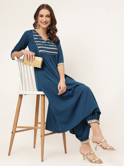 Women's Teal Blue Poly Crepe A-line Kurta with Pant