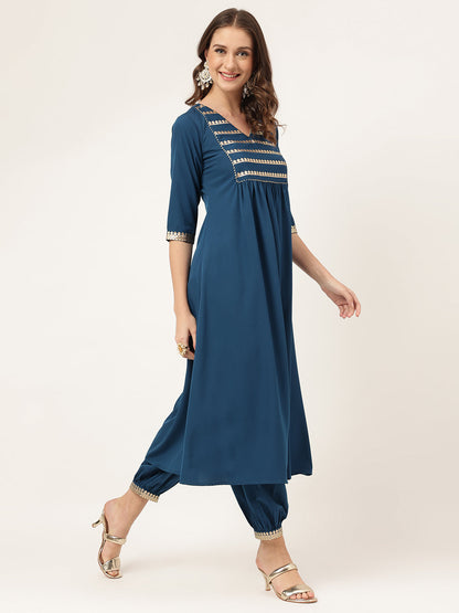 Women's Teal Blue Poly Crepe A-line Kurta with Pant