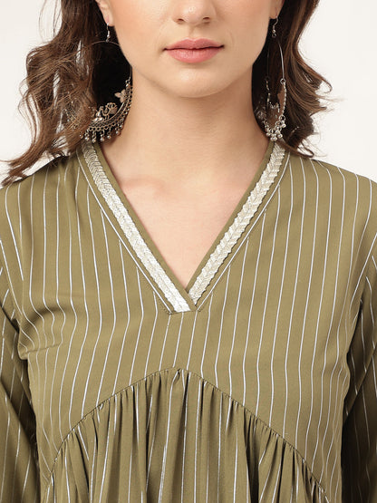 Women's Olive Green Poly Crepe A-line Kurta with Pant