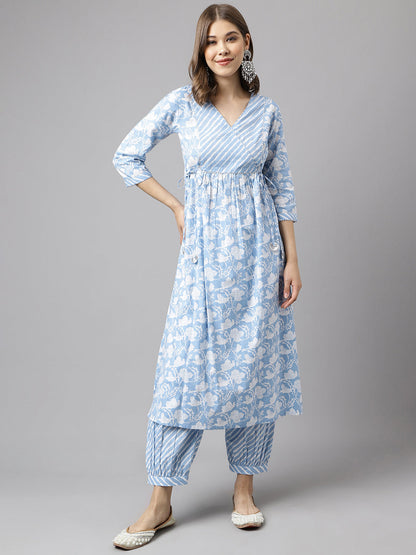 Women's Blue Pure Cotton A-line Kurta with Pant