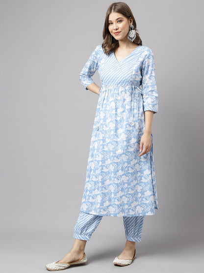 Women's Blue Pure Cotton A-line Kurta with Pant