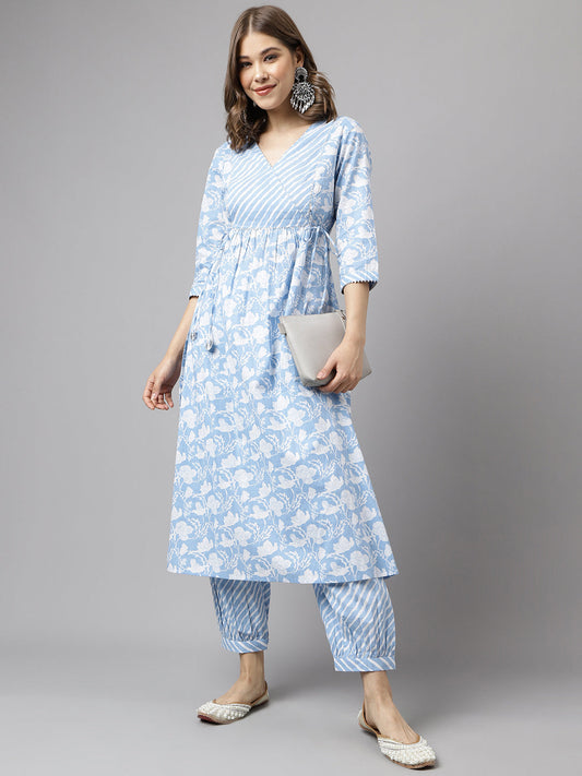 Women's Blue Pure Cotton A-line Kurta with Pant