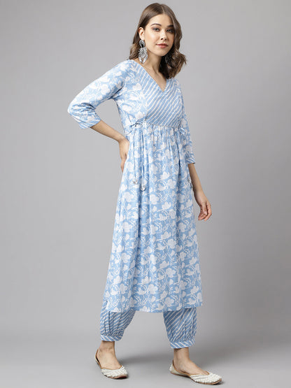 Women's Blue Pure Cotton A-line Kurta with Pant