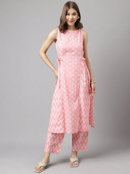 Women's Baby Pink Cotton A-Line Kurta with Pant