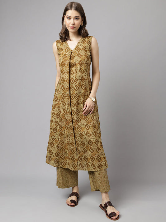 Women's Brown Cotton A-Line Kurta with Palazzo