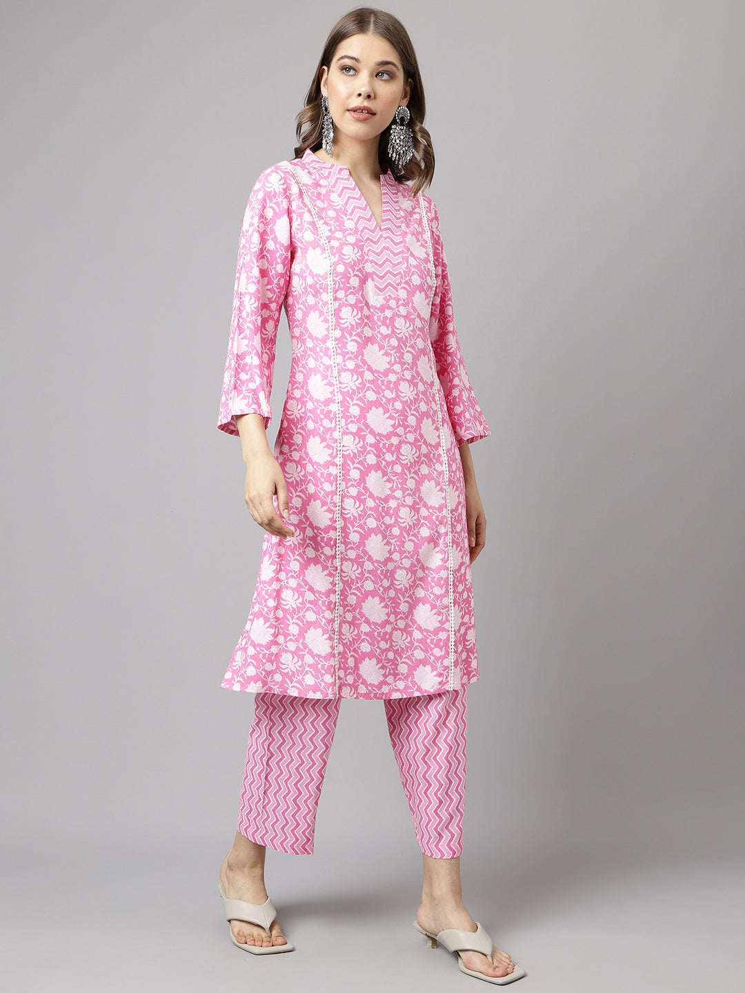 Women's Pink Pure Cotton A-line Kurta with Pant