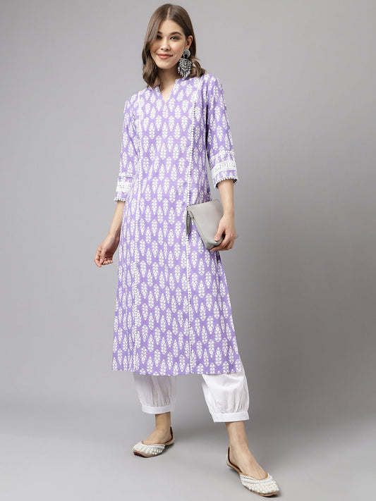 Women's Light Purple Cotton A-Line Kurta with Pant