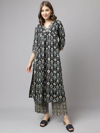 Women's Black Cotton A-Line Kurta with Palazzo