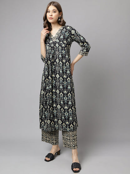 Women's Black Cotton A-Line Kurta with Palazzo