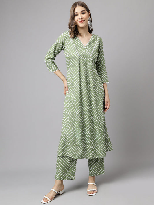 Women's Green Cotton A-line Kurta with Palazzo