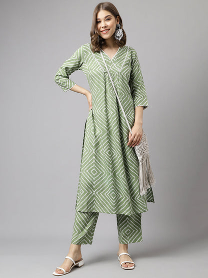 Women's Green Cotton A-line Kurta with Palazzo