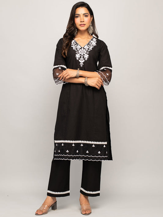 Women's Black Cotton Floral Embroidery Straight Kurta with Palazzo