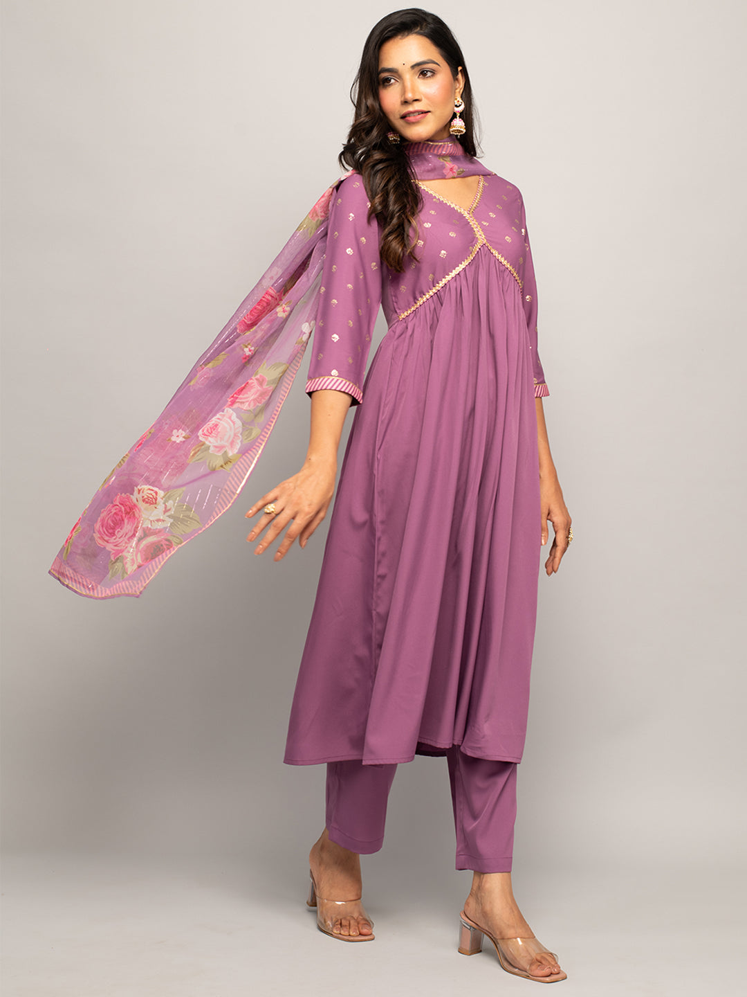 Women's Lavender Crepe A-line Kurta With Pant And Dupatta