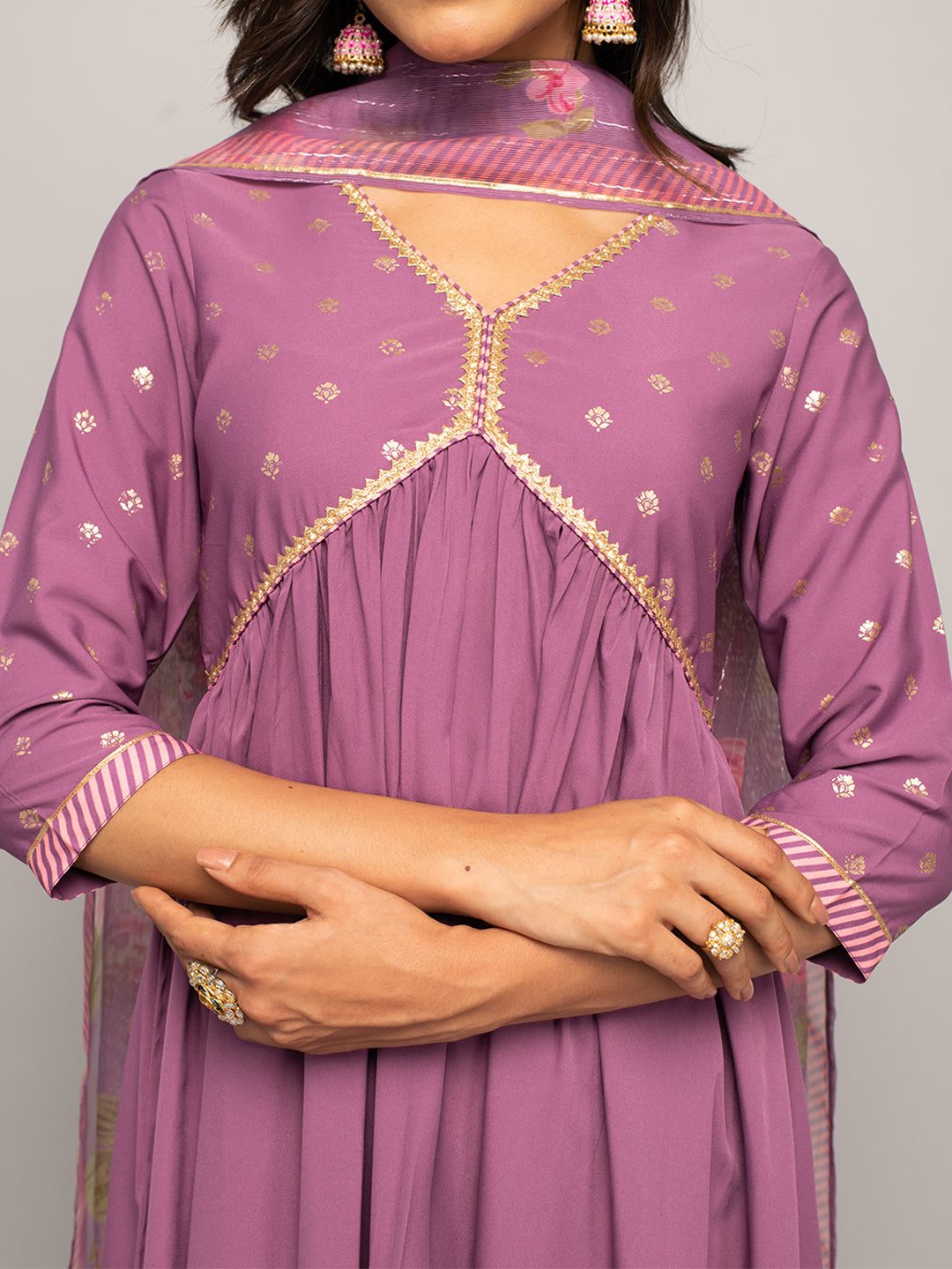 Women's Lavender Crepe A-line Kurta With Pant And Dupatta