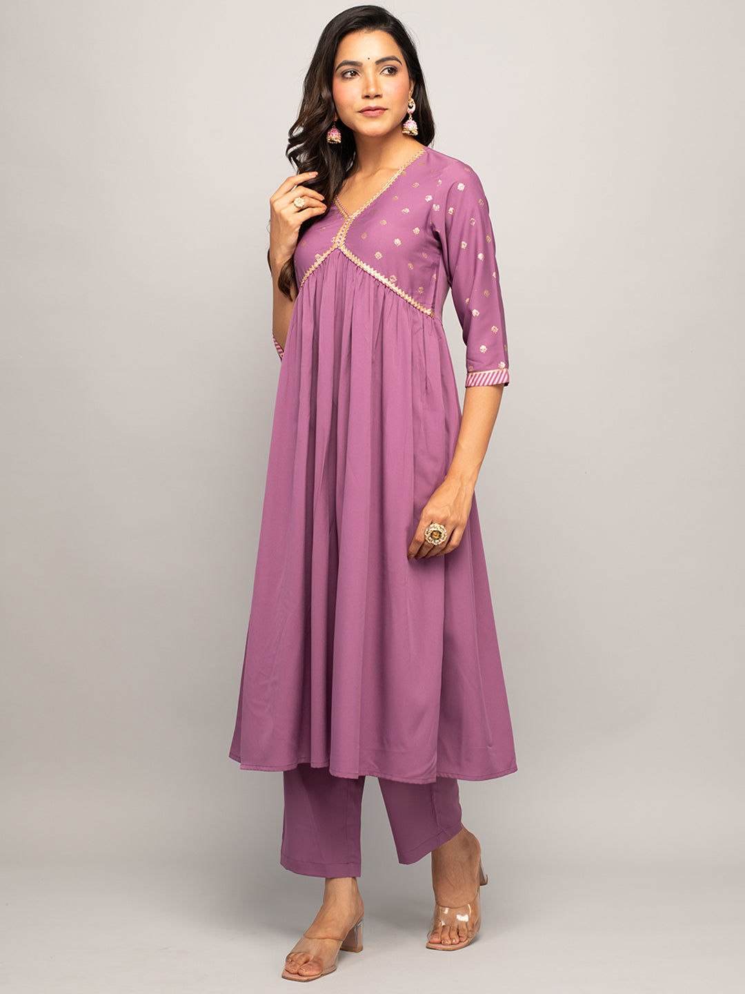 Women's Lavender Crepe A-line Kurta With Pant And Dupatta