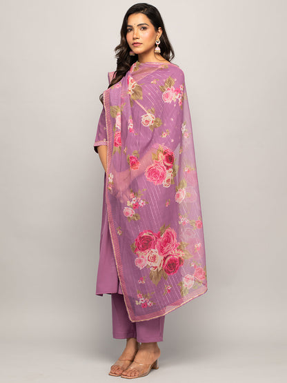 Women's Lavender Crepe A-line Kurta With Pant And Dupatta